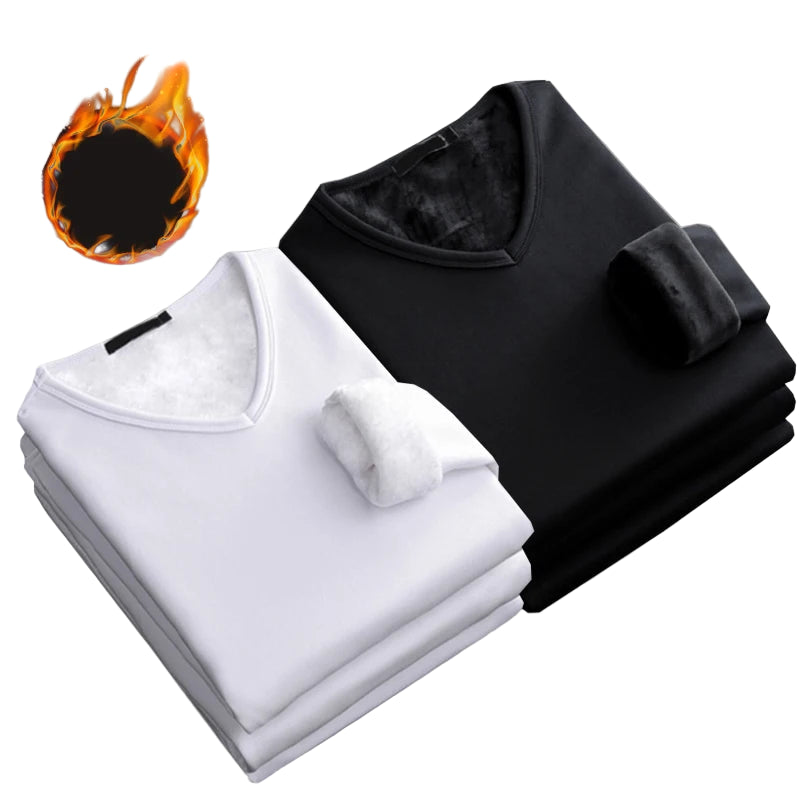 Two folded shirts, one white and one black, on a gray background with a fire icon above them.