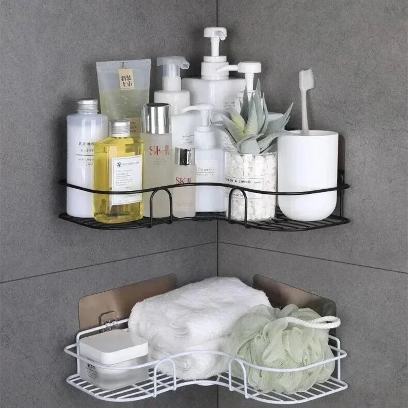 Wall Mounted Bathroom Shelf | Iron Corner Shower Rack with Drain Basket for Shampoo & Cosmetics – No Drill Storage Organizer for Bathroom & Kitchen - Moss Roze