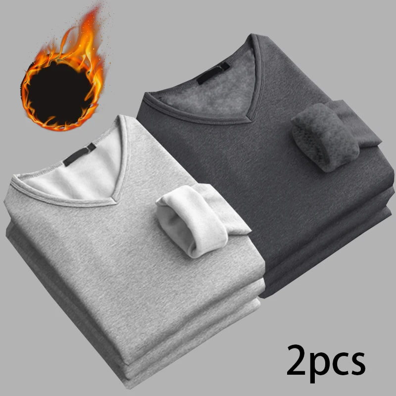 Men’s V-Neck Velvet Thermal Top | Thick Warm Fleece-Lined Long Sleeve Shirt Winter Base Layer M–4XL – Ideal Christmas Gift - Moss Roze
