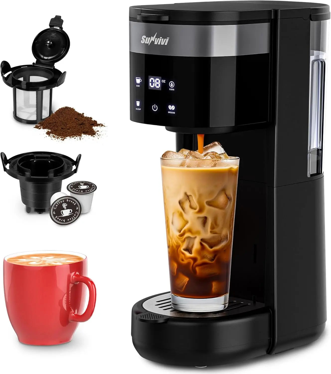 Black coffee machine making iced coffee, surrounded by coffee-related items.