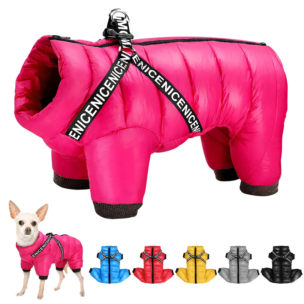 Super Warm Winter Dog Jacket with Harness – Waterproof Hooded Pet Coat for Small & Medium Dogs, French Bulldog, Chihuahua, All types of Dogs - Moss Roze