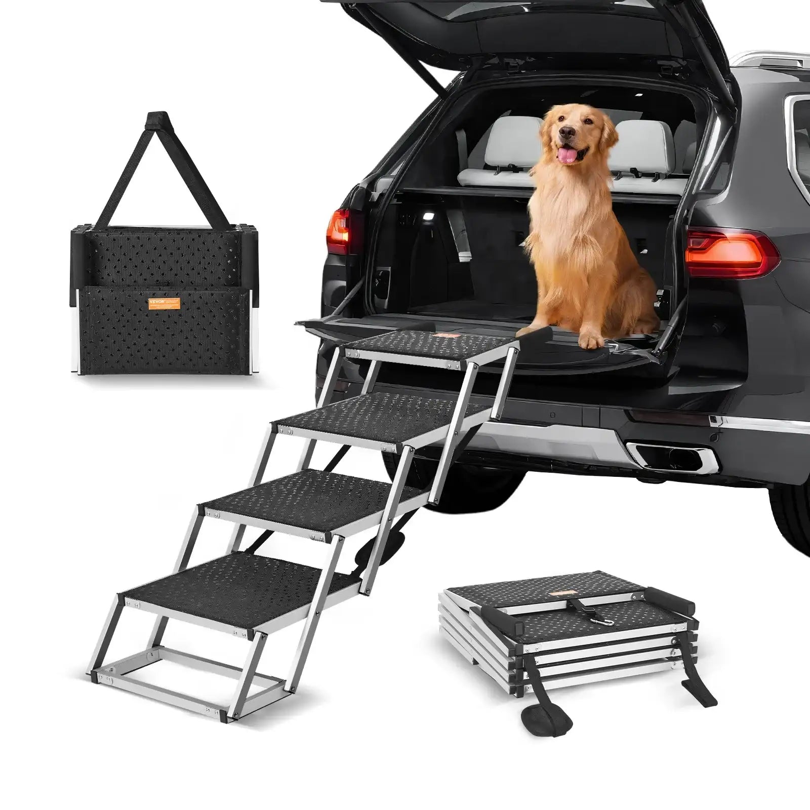 Folding Dog Car Steps – Wide Lightweight Aluminum Pet Stairs for SUV, Truck & Car Access
