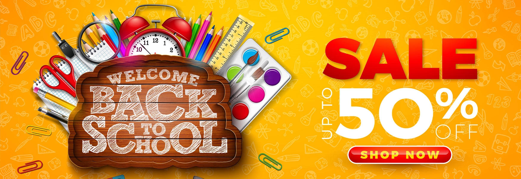 Back to school sale banner with educational supplies and promotional text on a yellow background.
